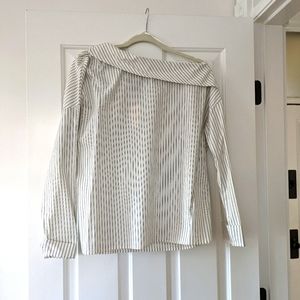 NWT-Anthropologie one-shoulder shirt with pinstripe and button detailing size M